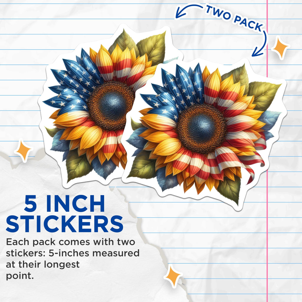 (2 Pack) American Flag Sunflower Stickers - Patriotic Flower Stickers - USA Themed Stickers - 5" On Longest Side - Sticks to Smooth Flat Surfaces - Made in USA - BMCS5334