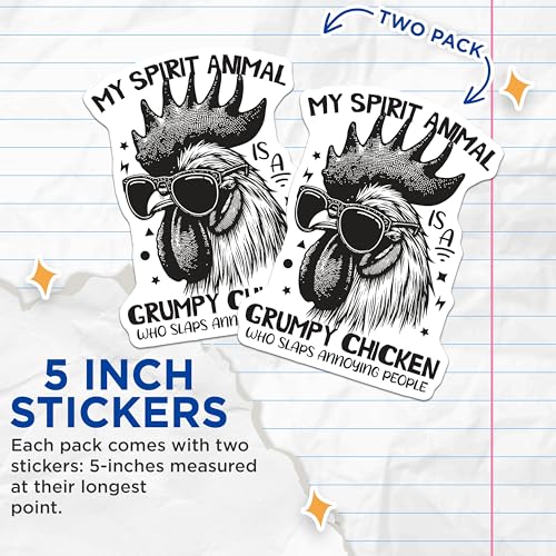 (2 Pack) My Spirit Animal Stickers - Grumpy Chicken - Funny Quotes - Humor Stickers for Laptops - Cool Animal Stickers - 5" On Longest Side - Sticks to Smooth Flat Surfaces - Made in USA - BMCS6223