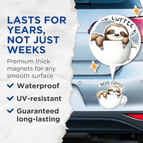 (2 Pack) I Need Coffee Magnets - Funny Sloth Magnets - Coffee Lover Decor Magnets- 5" On Longest Side - for Fridges, Toolboxes, Cars - Made in USA - MAG2744