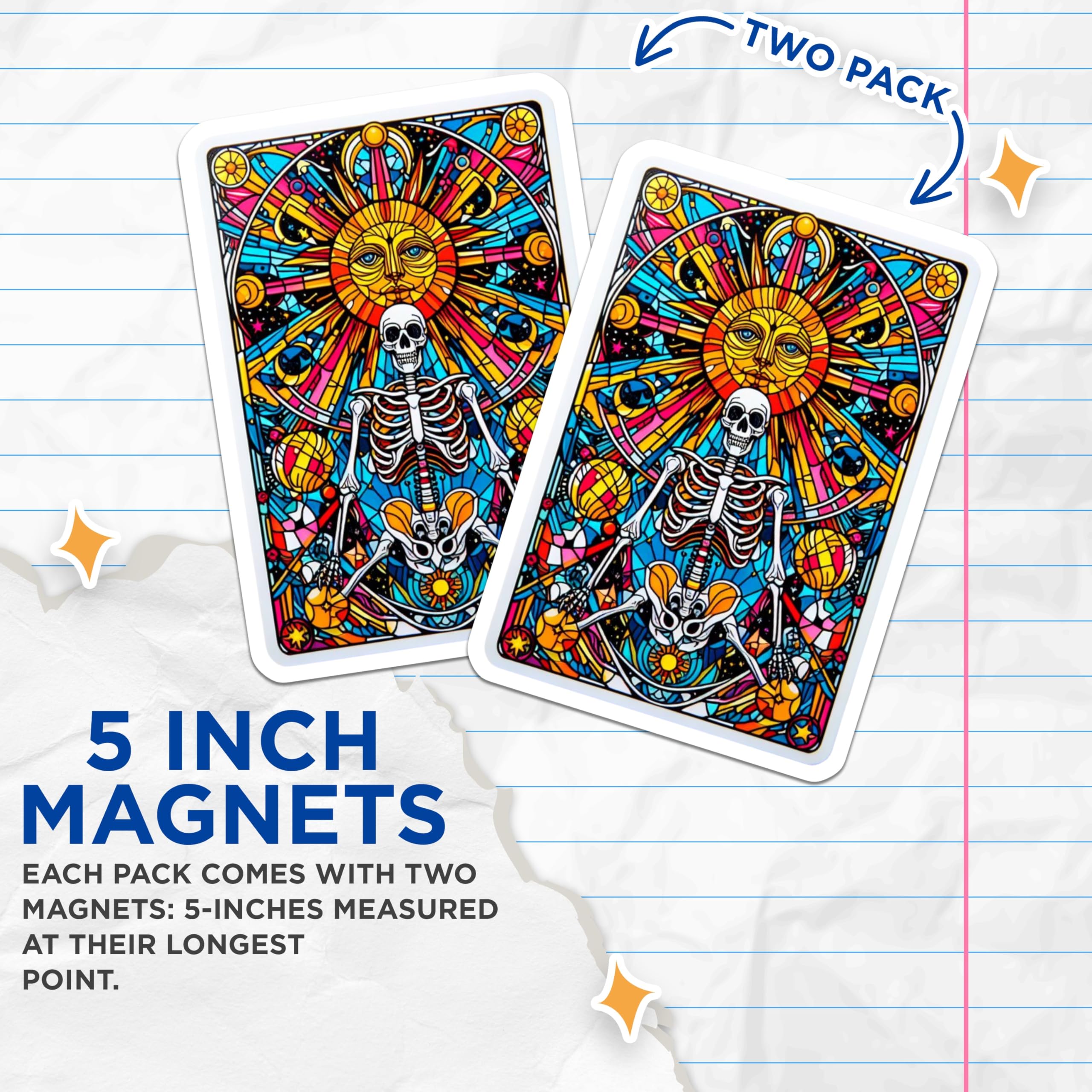 (2 Pack) Stained Glass Skeleton Magnets - Psychedelic Sun Art - Mystical Occult Decor - 5 Inches On Longest Side - Thick Durable Magnet - Made in USA - MAG20588