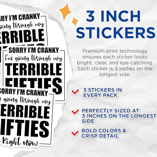 (3 Pack) Cranky Fifties Decals - Funny Saying Decals - Milestone Birthday Decal - 3 Inches On Longest Side - Easy Peel & Apply - Made in USA - 3MCS4601