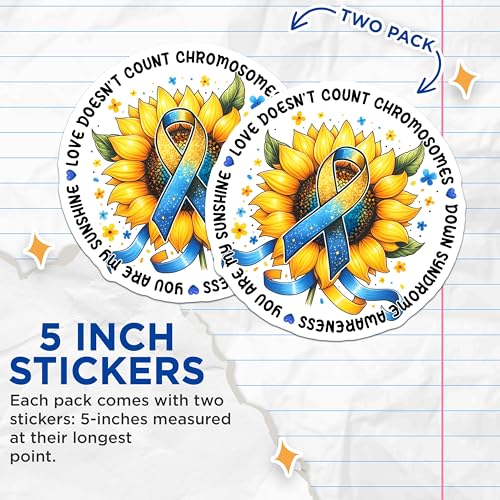 (2 Pack) Love Doesn't Count Chromosomes Stickers - Down Syndrome Awareness - Inspirational Quote - Sunflower Design - 5" On Longest Side - Sticks to Smooth Flat Surfaces - Made in USA - BMCS8213
