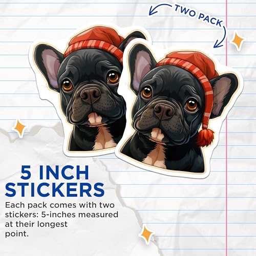 (2 Pack) Cute French Bulldog Stickers - Dog Lover Decal - Frenchie Puppy Stickers for Laptop - 5" On Longest Side - Sticks to Smooth Flat Surfaces - Made in USA - BMCS3940