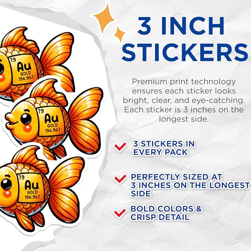 (3 Pack) Goldfish Element Decals - Cute Fish - Science Decals - 3 Inches On Longest Side - Easy Peel & Apply - Made in USA - 3MCS6779