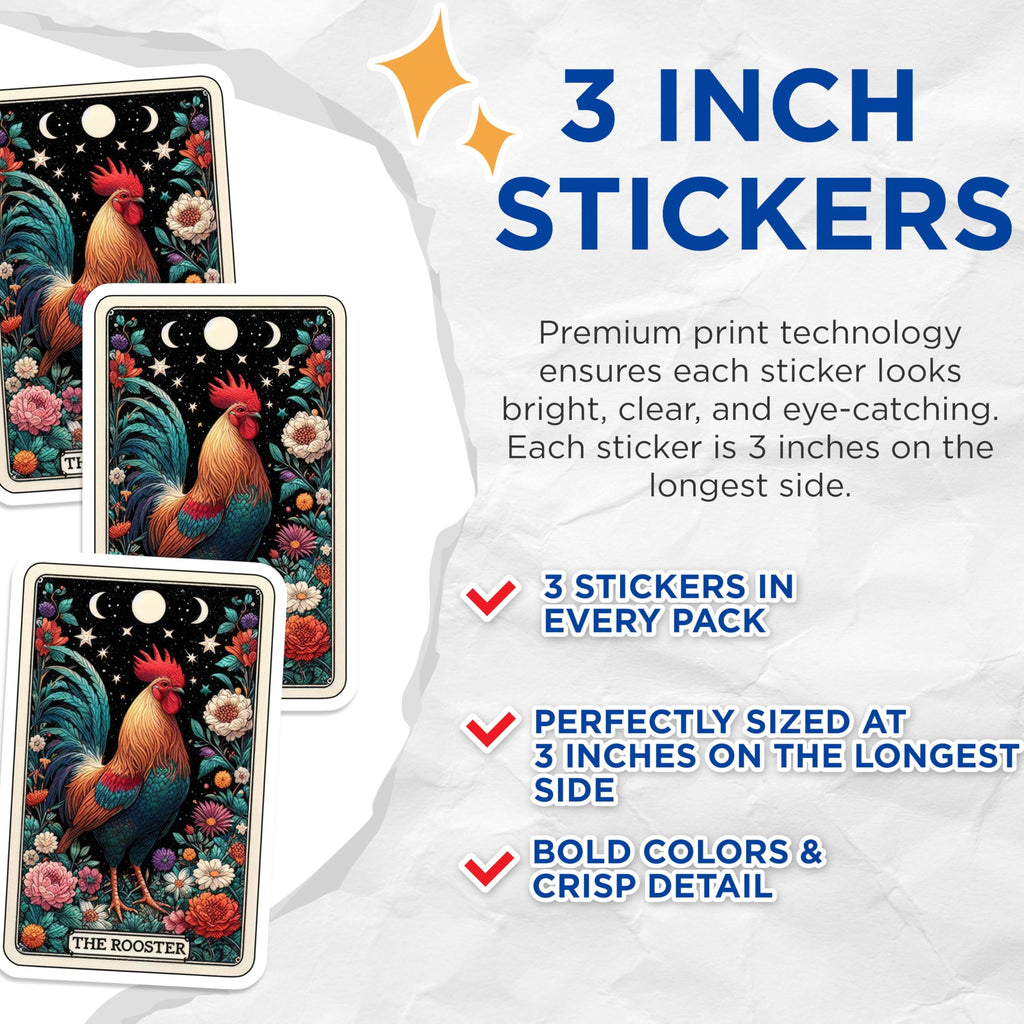 (3 Pack) Rooster Tarot Card Decals - Floral Chicken - Laptop Decals - 3 Inches On Longest Side - Easy Peel & Apply - Made in USA - 3MCS4258