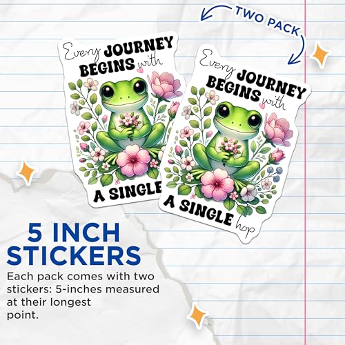 (2 Pack) Journey Frog Stickers - Inspirational Quote - Floral Design - 5" On Longest Side - Sticks to Smooth Flat Surfaces - Made in USA - BMCS7620