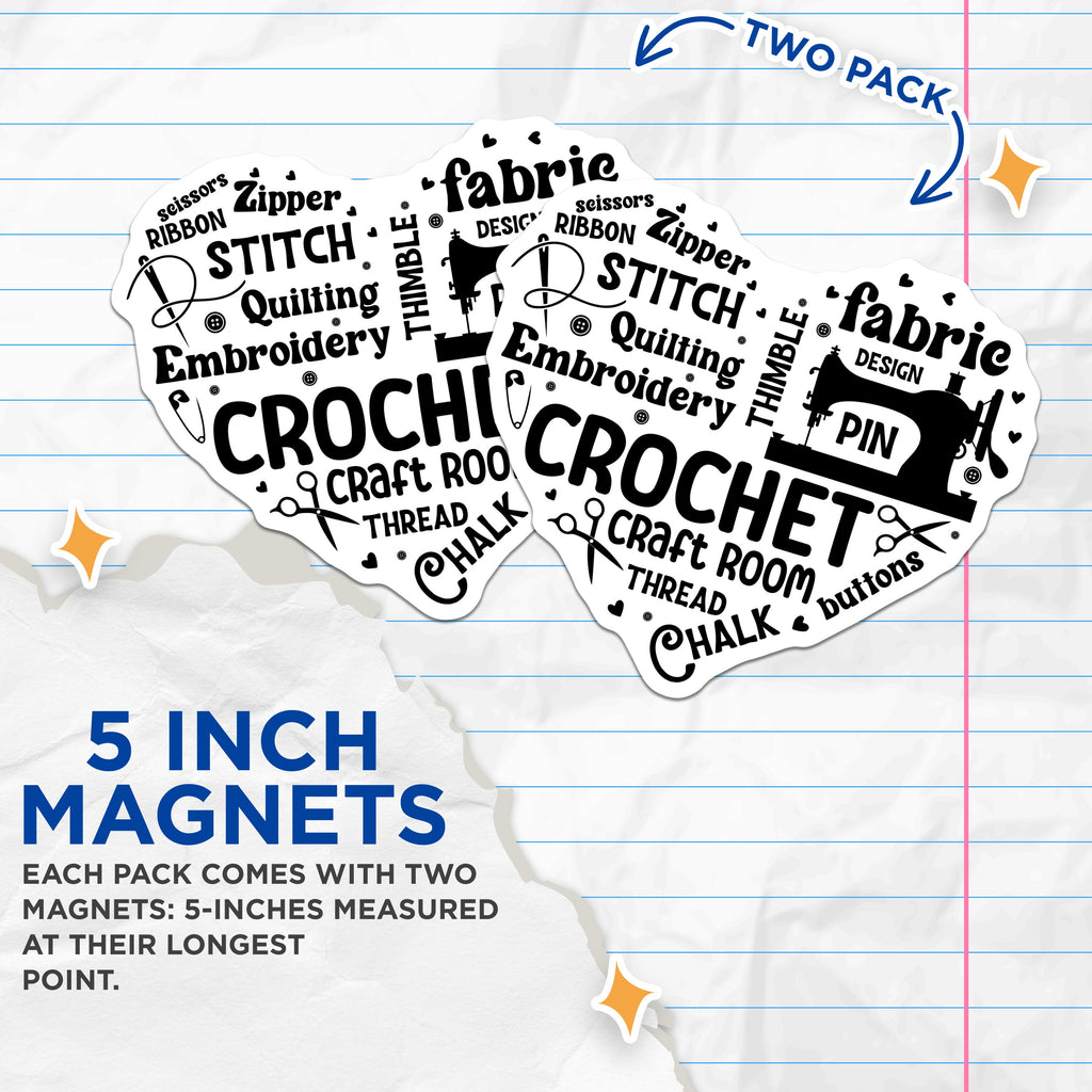 (2 Pack) Crafting Hobby Magnets - Sewing Machine Crochet Quilting Embroidery Crafter Refrigerator Home Decor - 5 Inches On Longest Side - Thick Durable Magnet - Made in USA - MAG36927