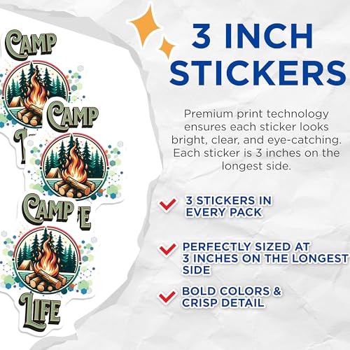 (3 Pack) Camp Life Decals - Outdoor Adventure Stickers - Laptop Decals- 3 Inches On Longest Side - Easy Peel & Apply - Made in USA - 3MCS5766