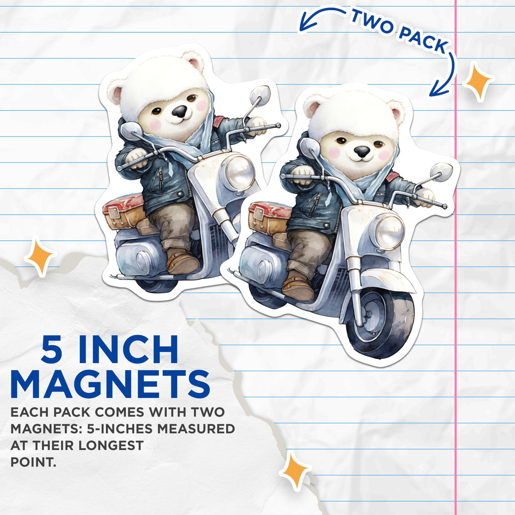 (2 Pack) Bear on Scooter Magnets - Cute Animal - Funny Vehicle Refrigerator Magnets - 5" On Longest Side - Premium Magnet - for Cars, Refrigerators, Toolboxes, Lockers - Made in USA - MAG17023