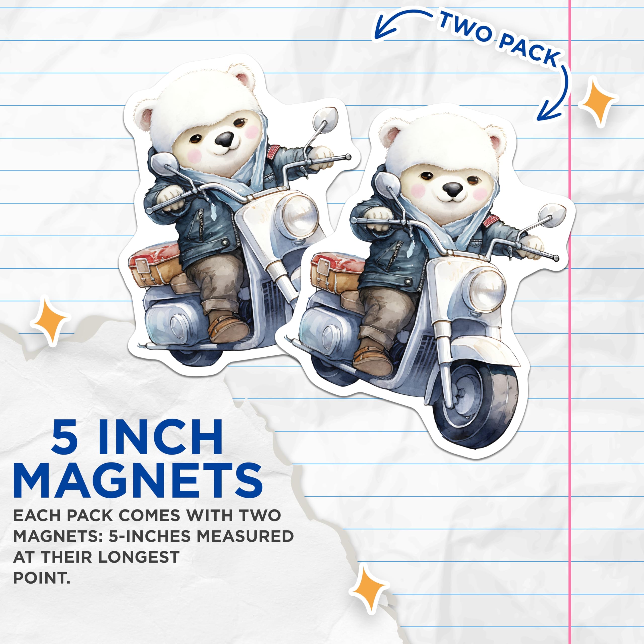(2 Pack) Bear on Scooter Magnets - Cute Animal - Funny Vehicle Refrigerator Magnets - 5" On Longest Side - Premium Magnet - for Cars, Refrigerators, Toolboxes, Lockers - Made in USA - MAG17023