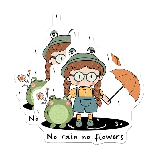 (2 Pack) Cute Frog Girl Stickers - No Rain No Flowers Quote - Adorable Character - Fun and Whimsical Design - 5" On Longest Side - Sticks to Smooth Flat Surfaces - Made in USA - BMCS6484
