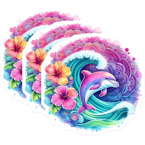 (3 Pack) Dolphin Laptop Decals - Tropical Hibiscus Flowers - Ocean Wave Art Decals - 3 Inches On Longest Side - Easy Peel & Apply - Made in USA - 3MCS8244