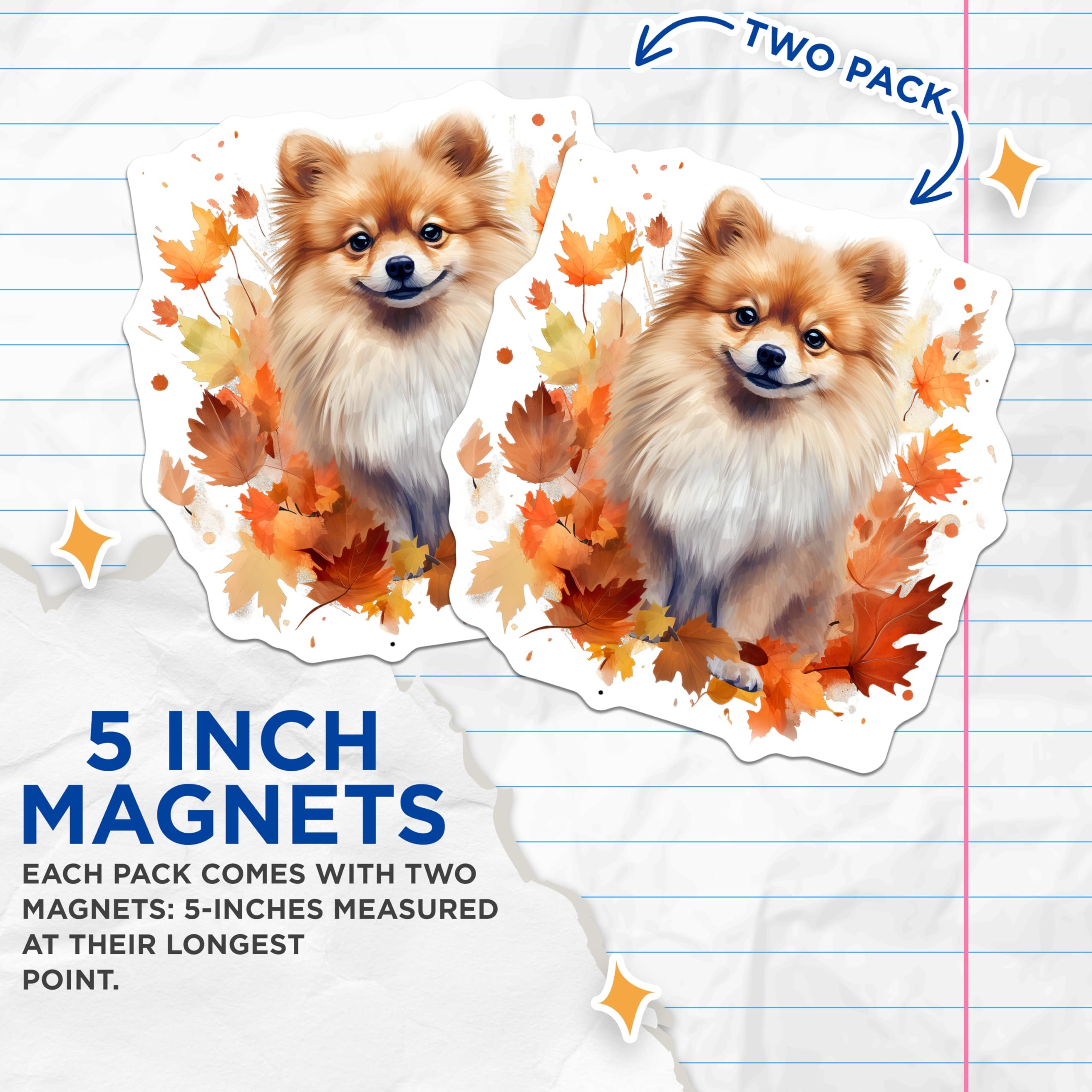(2 Pack) Pomeranian Dog Magnets - Autumn Fall Leaves Decor - Cute Pet Lover Refrigerator Locker Magnet - 5 Inches On Longest Side - Thick Durable Magnet - Made in USA - MAG29789