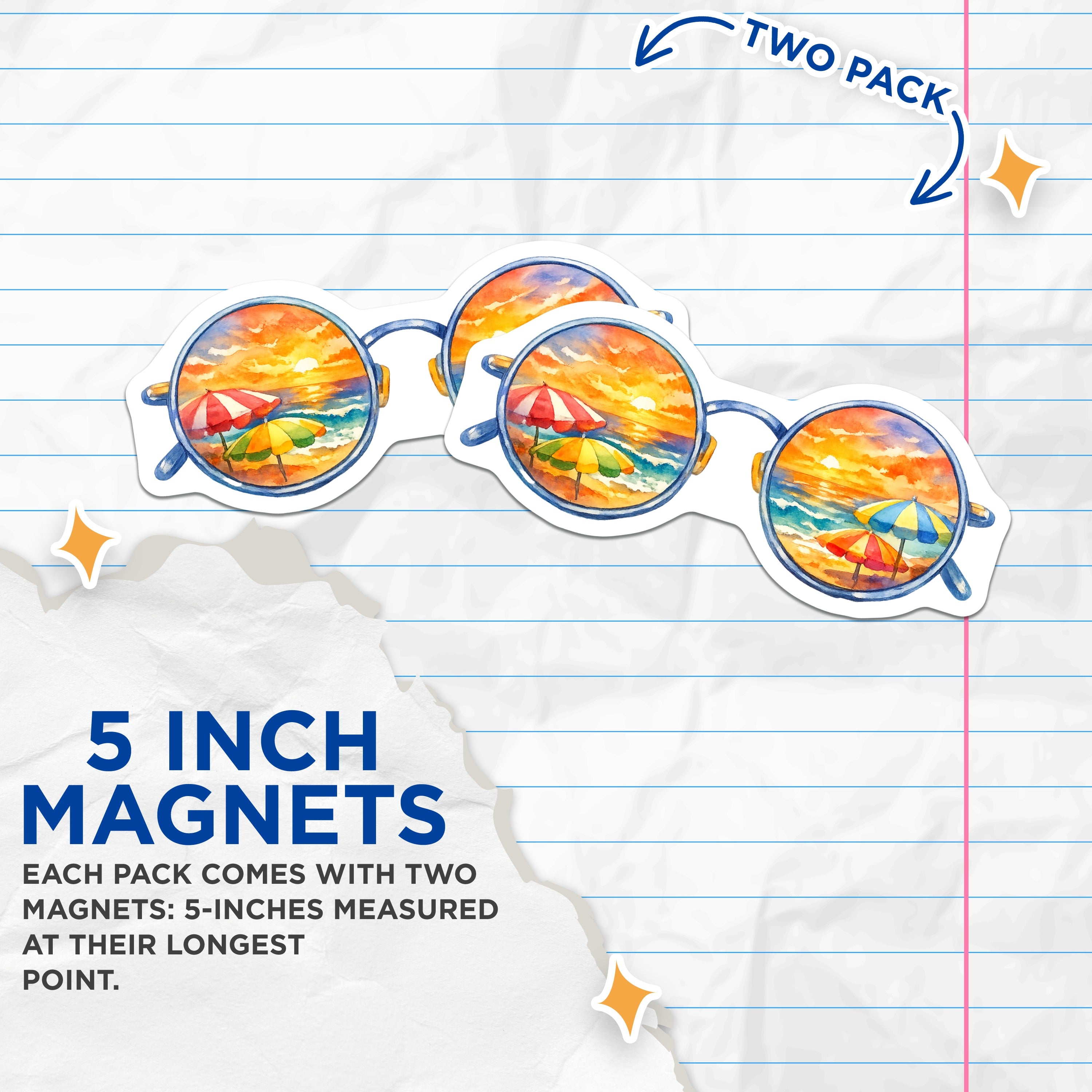 (2 Pack) Beach Sunset Sunglasses Magnets - Watercolor Vacation Scene - Summer Travel Vibes Fridge Decor - 5 Inches On Longest Side - Thick Durable Magnet - Made in USA - MAG36610