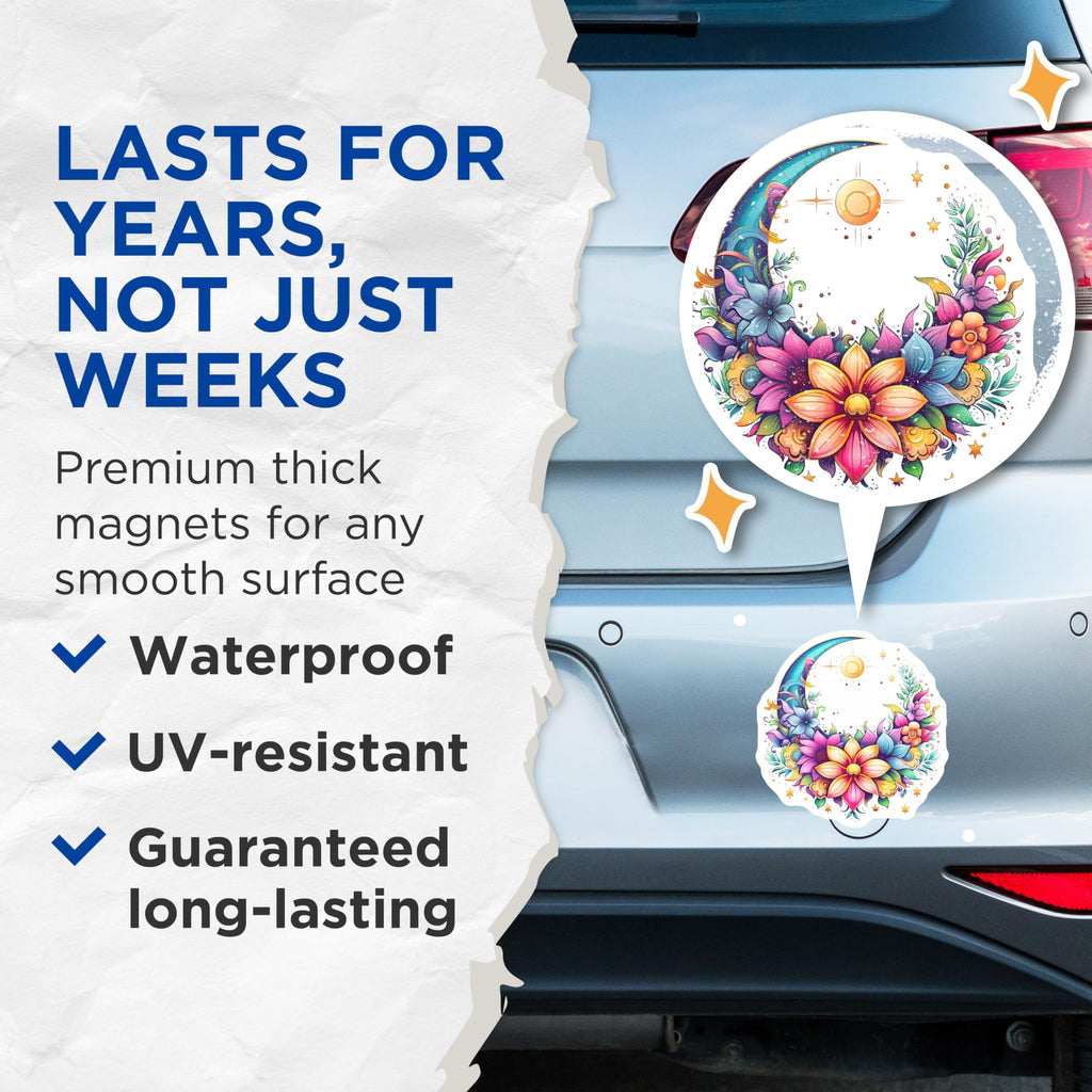 (2 Pack) Vibrant Floral Crescent Moon Magnets - Mystical Celestial Botanical Art - Dreamy Kitchen Accent Magnets - 5 Inches On Longest Side - Thick Durable Magnet - Made in USA - MAG22985