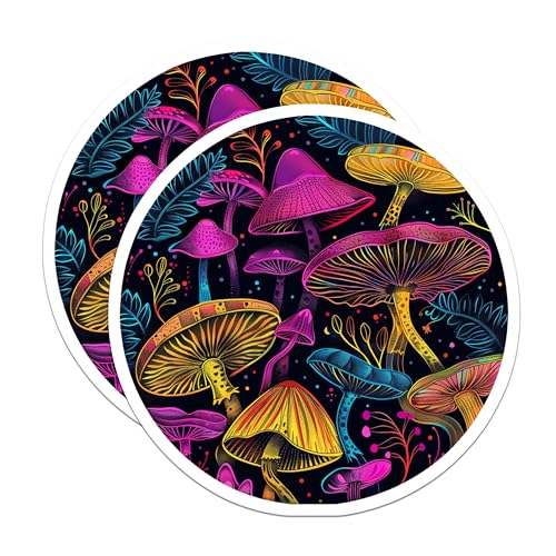 (2 Pack) Neon Mushroom Stickers - Trippy Art - Colorful Psychedelic Forest - 5" On Longest Side - Sticks to Smooth Flat Surfaces - Made in USA - BMCS6633