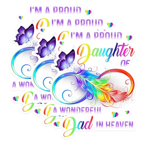 (3 Pack) Proud Daughter Decals - Rainbow Dad in Heaven - Butterfly Memorial Decal - 3 Inches On Longest Side - Easy Peel & Apply - Made in USA - 3MCS1428