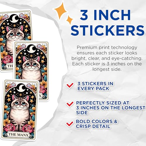 (3 Pack) Manx Cat Tarot Card Decals - Cute Feline Stickers - Laptop Decal - 3 Inches On Longest Side - Easy Peel & Apply - Made in USA - 3MCS0113