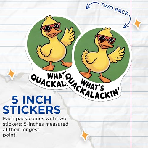 (2 Pack) What's Quackalackin Stickers - Cool Duck Decal - Fun Cartoon Art Sticker - 5" On Longest Side - Sticks to Smooth Flat Surfaces - Made in USA - BMCS9527