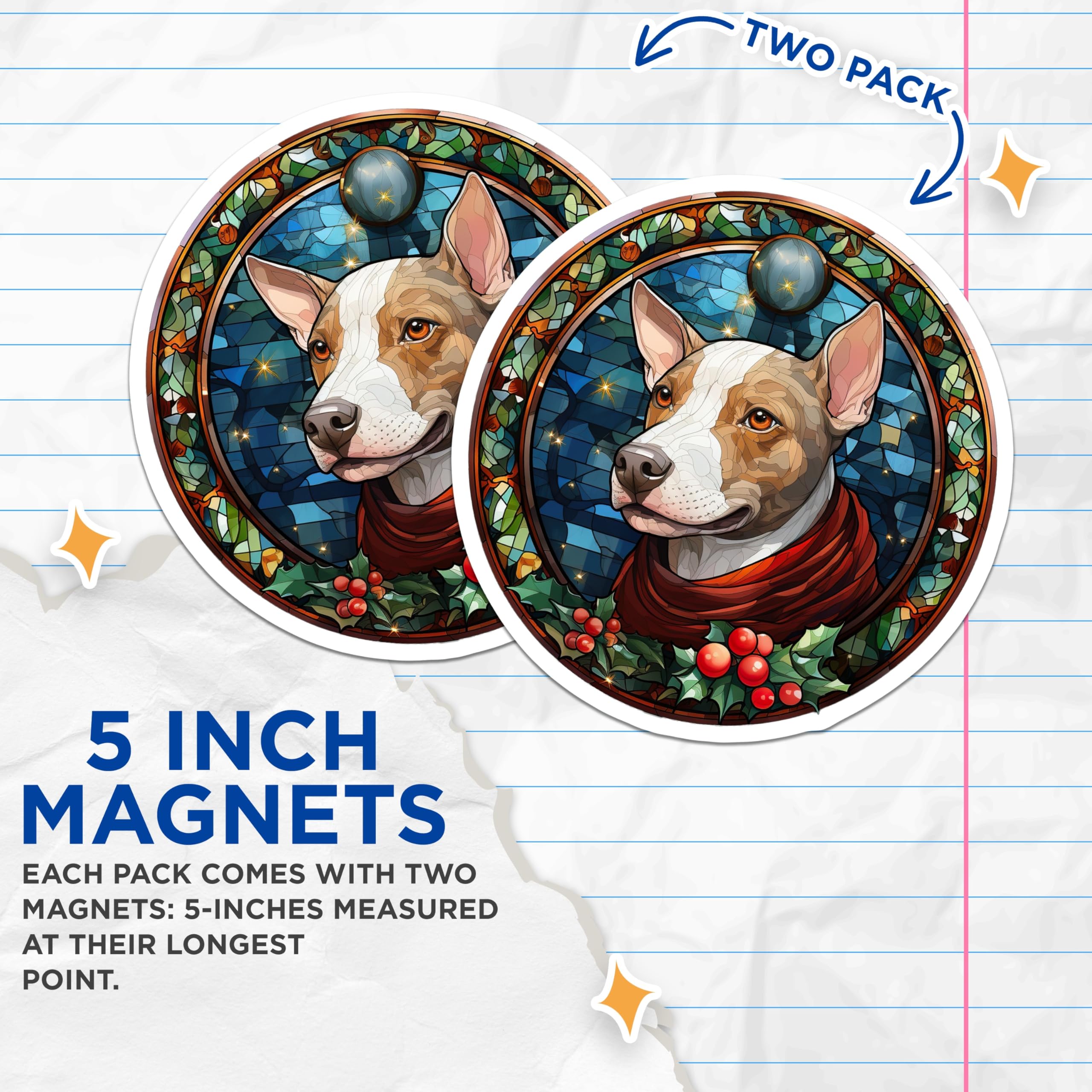 (2 Pack) Stained Glass Dog Magnets - Bull Terrier Christmas Decor - Holiday Pet Lover Art - 5 Inches On Longest Side - Thick Durable Magnet - Made in USA - MAG26369