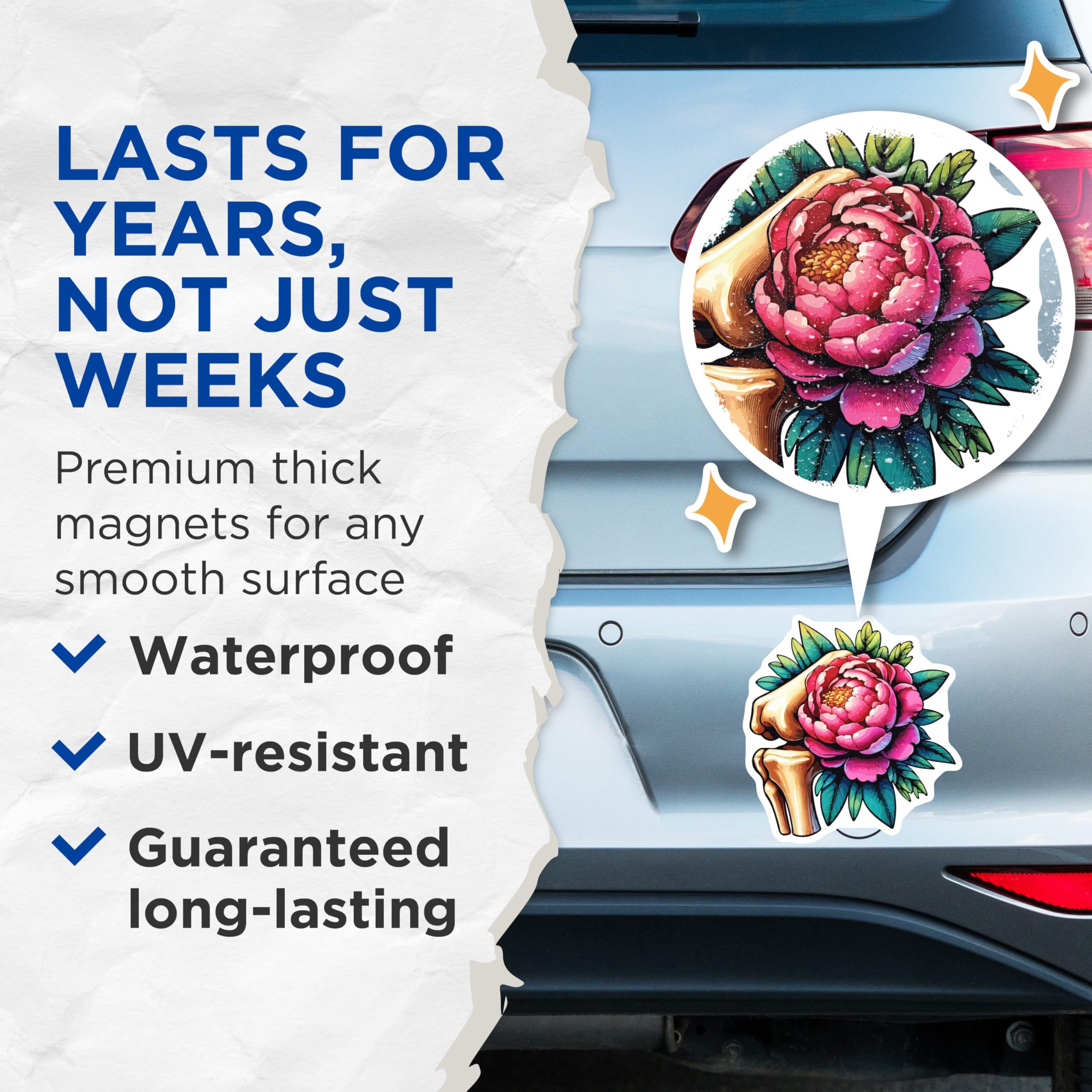 (2 Pack) Peony Flower Magnets - Skeletal Hand Art - Vibrant Floral Decor Magnets - 5 Inches On Longest Side - Thick Durable Magnet - Made in USA - MAG20139