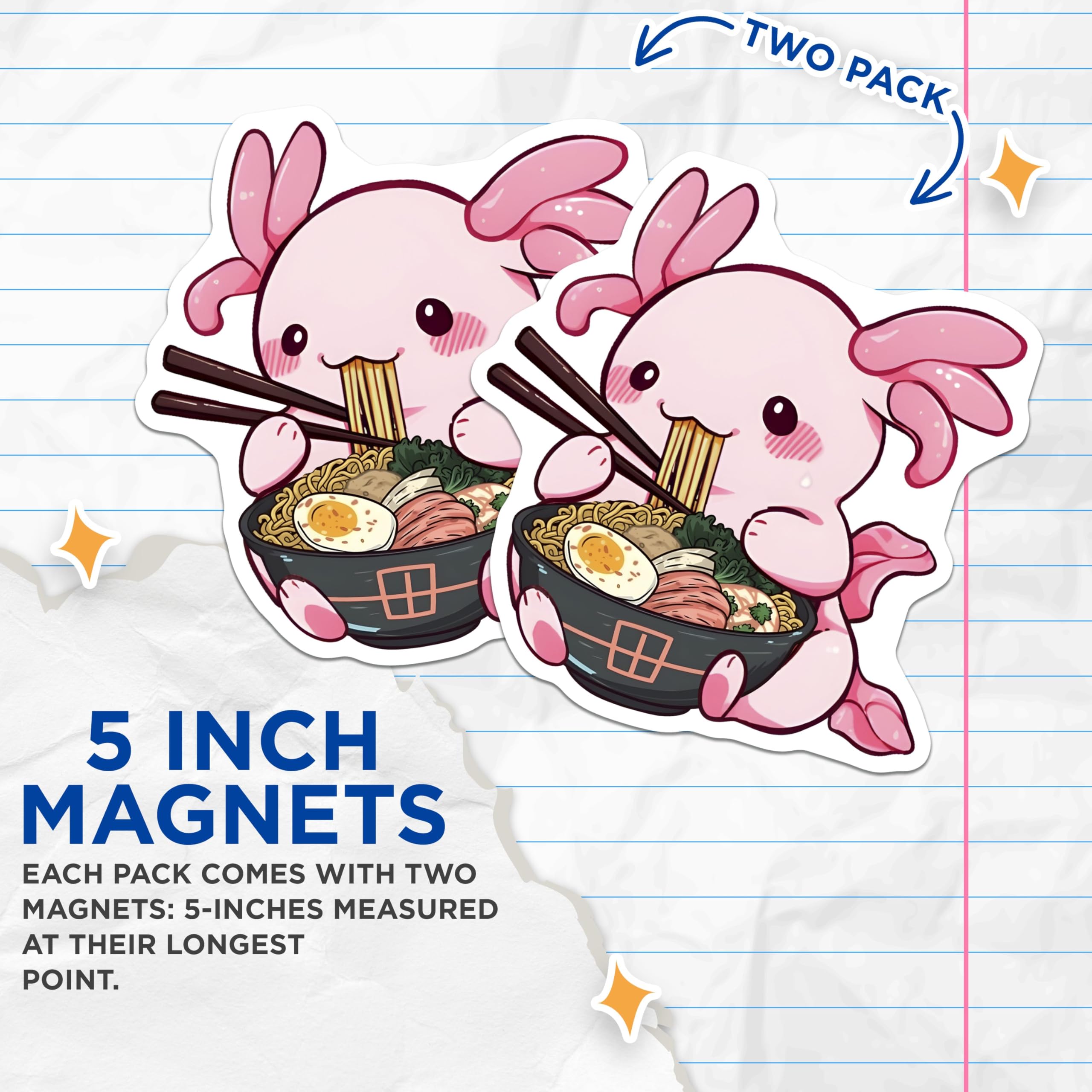 (2 Pack) Cute Axolotl Eating Noodles Magnets - Adorable Kawaii Animals - Ramen Lover Decor - Kitchen Decoration - 5" On Longest Side - for Cars, Fridges, Toolboxes - Made in USA - MAG7775