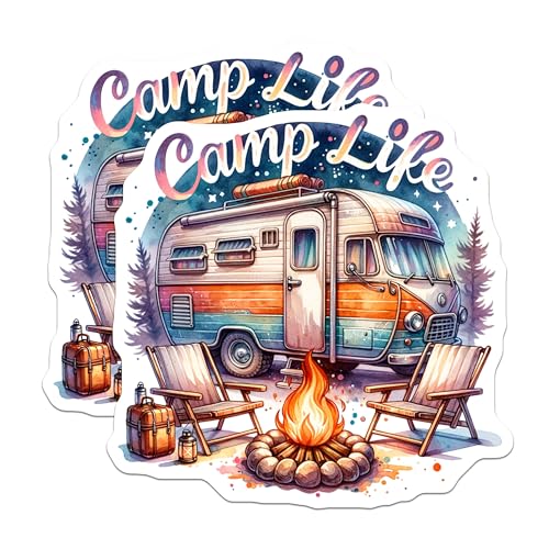 (2 Pack) Camp Life Stickers - Camping Adventure - Outdoor Camper - Summer Campfire - 5" On Longest Side - Sticks to Smooth Flat Surfaces - Made in USA - BMCS6677