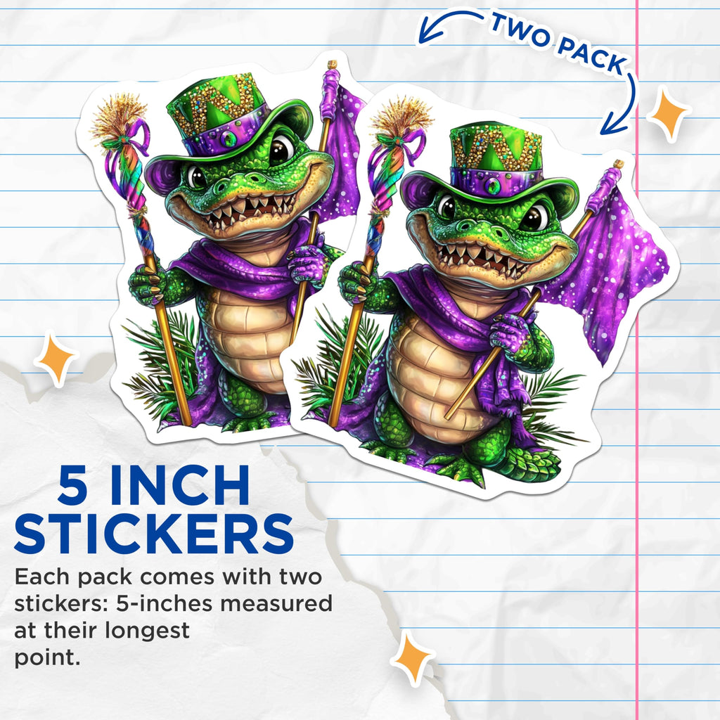 (2 Pack) Mardi Gras Alligator Stickers - Cute Gator - Louisiana Party Decor - 5" On Longest Side - Sticks to Smooth Flat Surfaces - Made in USA - BMCS15276