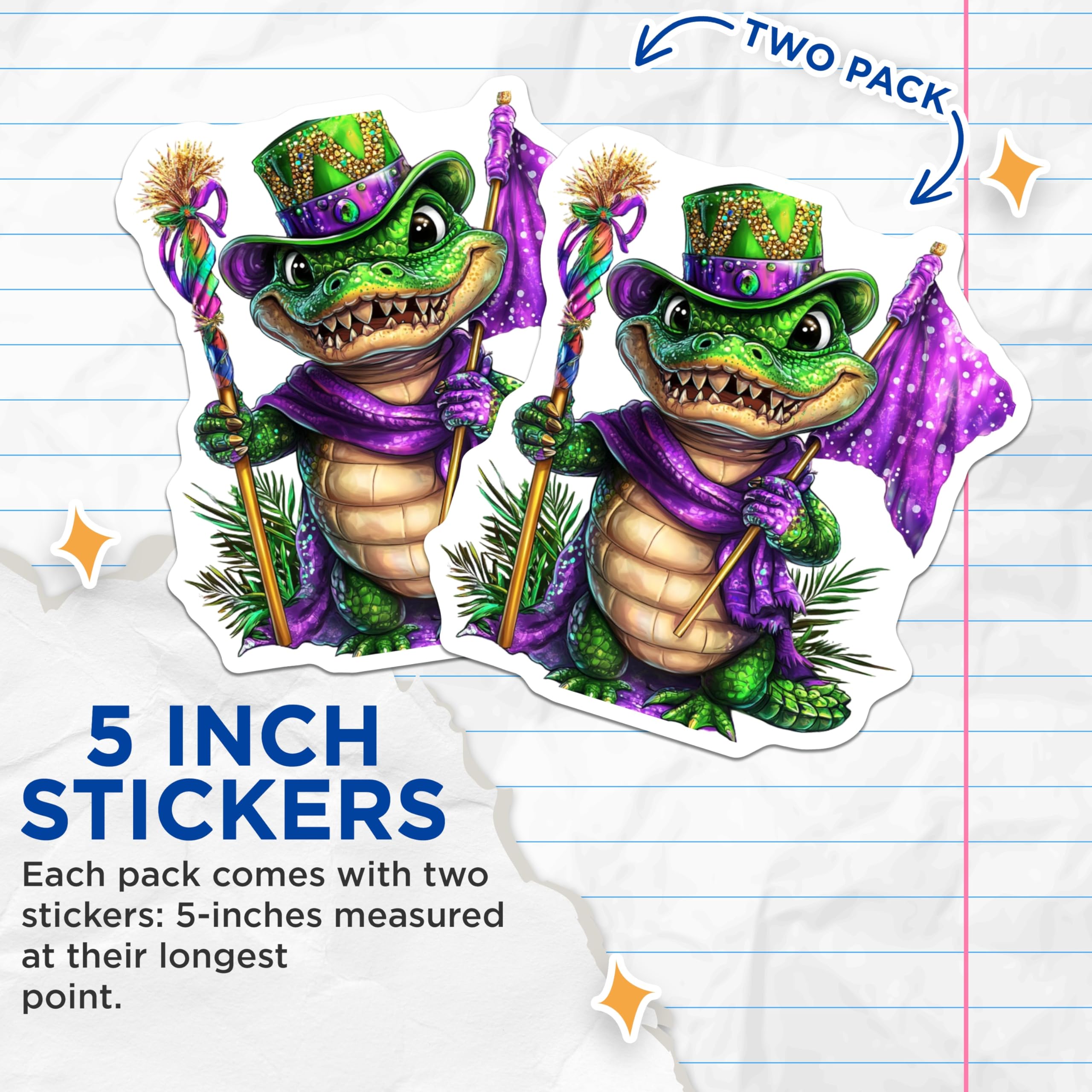 (2 Pack) Mardi Gras Alligator Stickers - Cute Gator - Louisiana Party Decor - 5" On Longest Side - Sticks to Smooth Flat Surfaces - Made in USA - BMCS15276