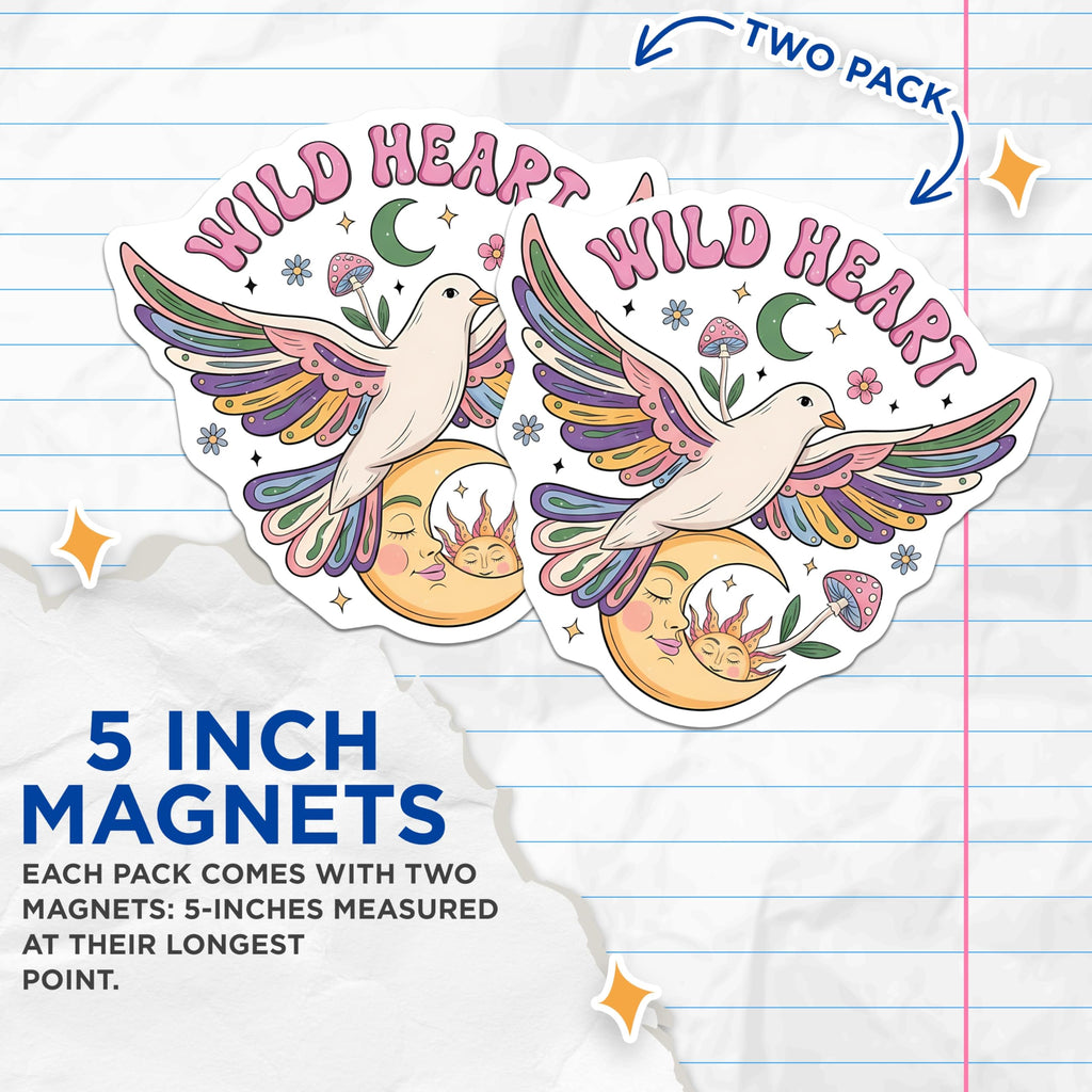 (2 Pack) Wild Heart Magnets - Groovy Dove Moon Sun - Bohemian Celestial Home Decor - 5 Inches On Longest Side - Thick Durable Magnet - Made in USA - MAG21976