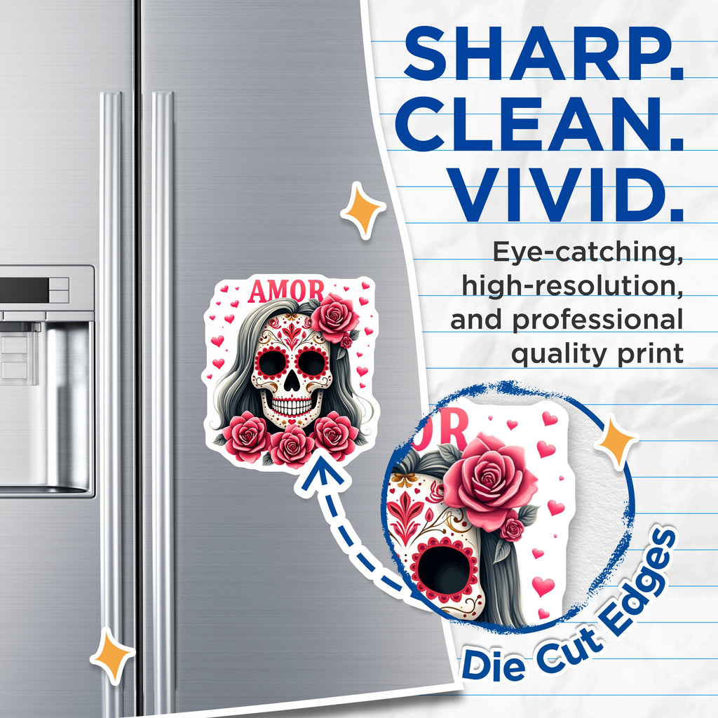 (2 Pack) Day of the Dead Magnets - Sugar Skull Calavera Art - Romantic Floral Design - Amor Love Skeleton Decor - 5 Inches On Longest Side - Thick Durable Magnet - Made in USA - MAG38437