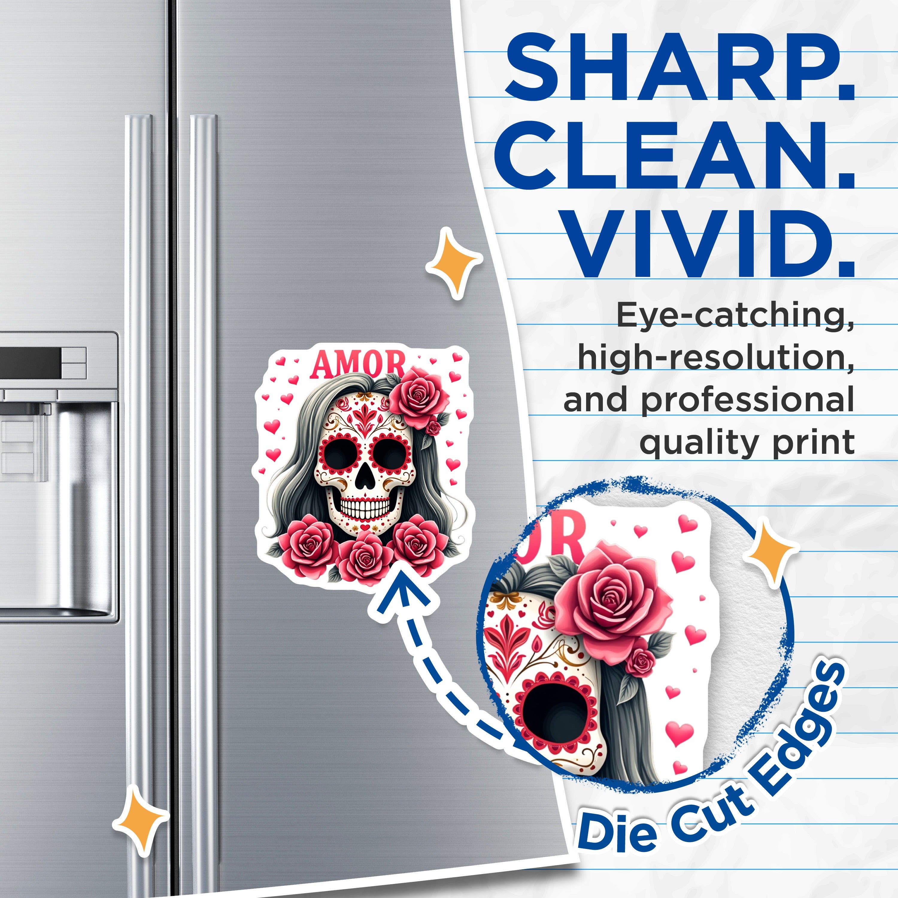 (2 Pack) Day of the Dead Magnets - Sugar Skull Calavera Art - Romantic Floral Design - Amor Love Skeleton Decor - 5 Inches On Longest Side - Thick Durable Magnet - Made in USA - MAG38437