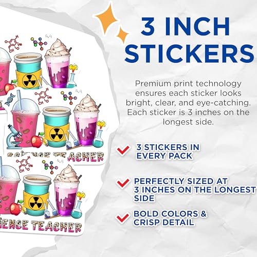 (3 Pack) Science Teacher Decals - Funny Teacher - Chemistry Biology Physics Decals - 3 Inches On Longest Side - Easy Peel & Apply - Made in USA - 3MCS6600
