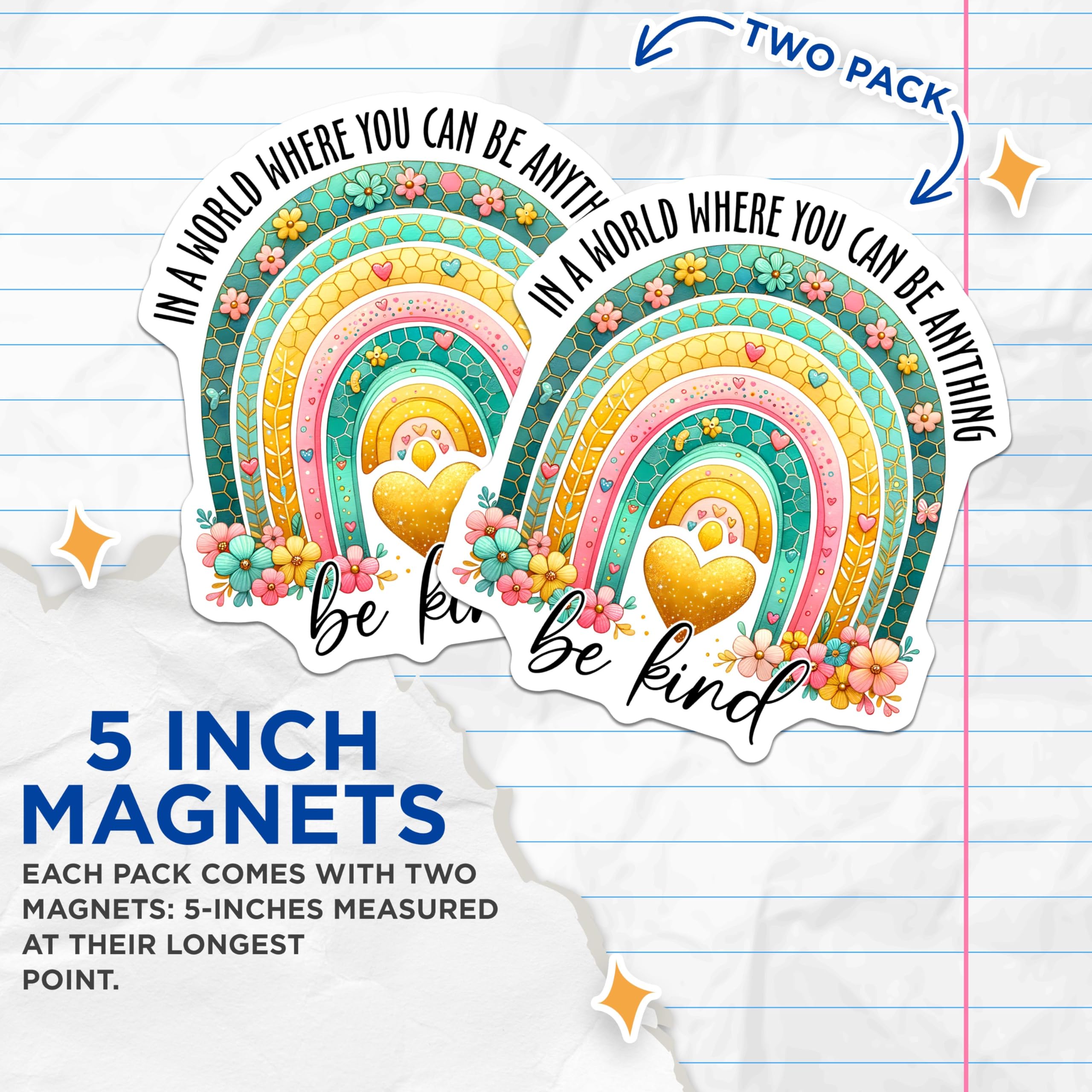 (2 Pack) Be Kind Magnets - Inspirational Rainbow Magnets - Motivational Floral Quote Magnets - 5" On Longest Side - for Cars, Refrigerators, Toolboxes, Lockers - Made in USA BMCS3229