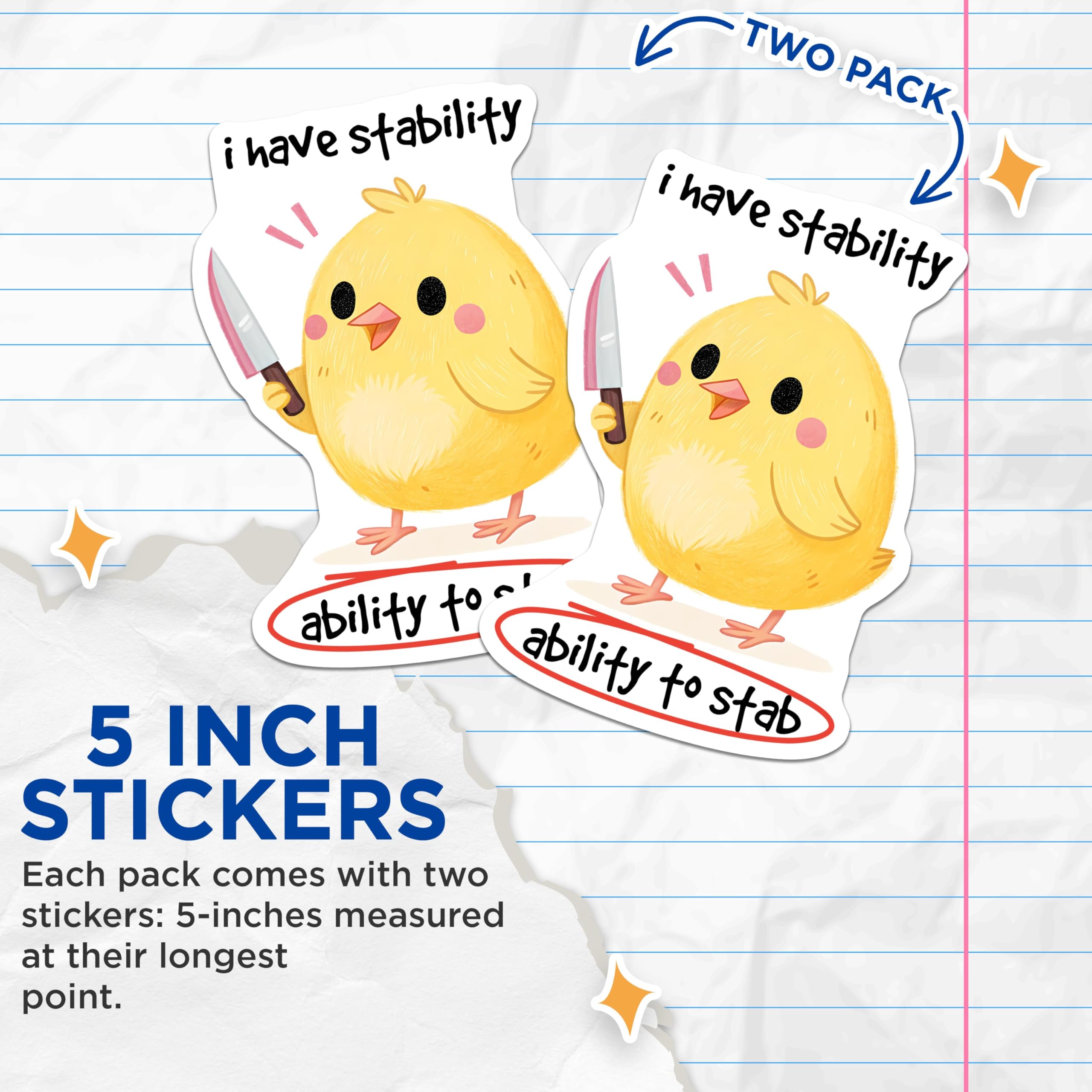 (2 Pack) Funny Chicken Stickers - Cute Animal Humor Stickers - Stab Ability Cartoon Chick Stickers - 5" On Longest Side - Sticks to Any Smooth Flat Surface - Made in USA - BMCS3313