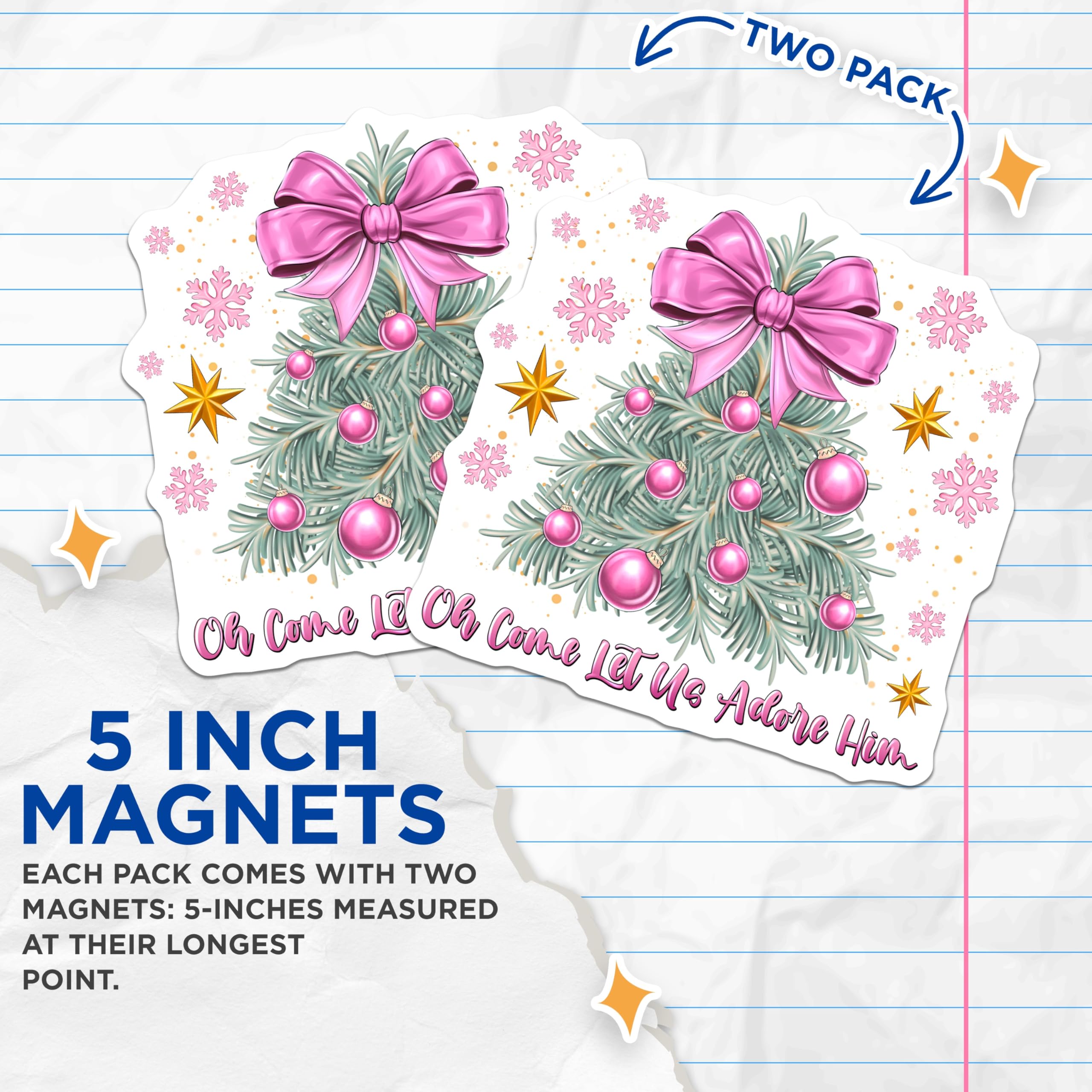 (2 Pack) Christian Christmas Magnets - Oh Come Let Us Adore Him - Pink Tree Holiday Decor - 5 Inches On Longest Side - Thick Durable Magnet - Made in USA - MAG29369