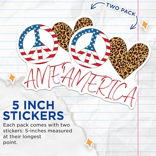 (2 Pack) Peace Love America Stickers - Patriotic Decal - Leopard Print Heart Stickers - 5" On Longest Side - Sticks to Smooth Flat Surfaces - Made in USA - BMCS5249