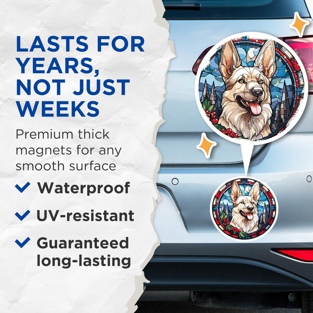 (2 Pack) White German Shepherd Magnets - Stained Glass Dog Art - Christmas Holiday Decor - 5 Inches On Longest Side - Thick Durable Magnet - Made in USA - MAG24581