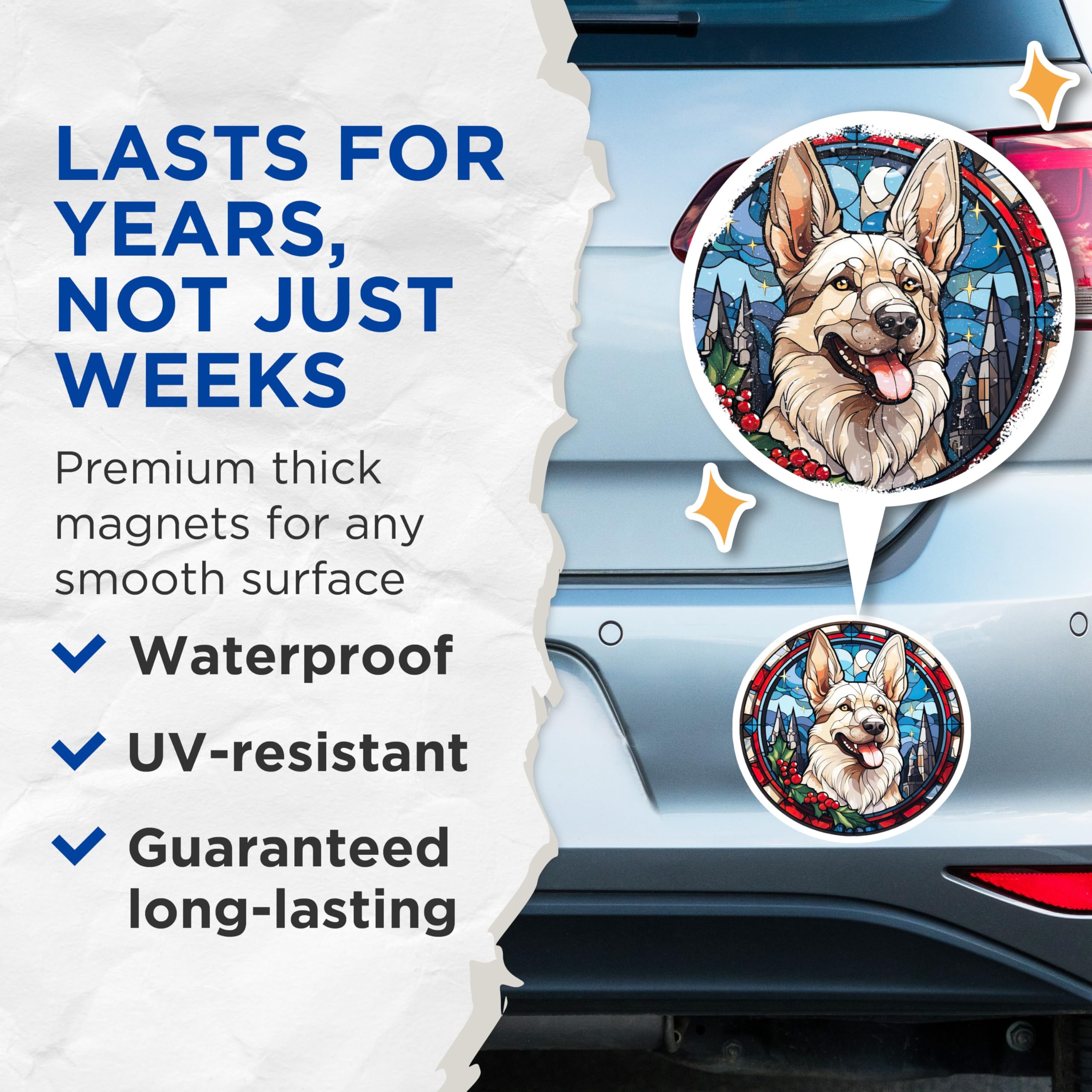 (2 Pack) White German Shepherd Magnets - Stained Glass Dog Art - Christmas Holiday Decor - 5 Inches On Longest Side - Thick Durable Magnet - Made in USA - MAG24581
