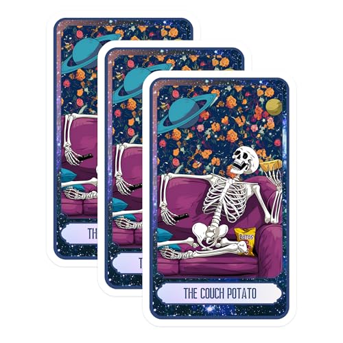 (3 Pack) Couch Potato Decals - Skeleton Art - Funny Tarot Card - 3 Inches On Longest Side - Easy Peel & Apply - Made in USA - 3MCS8746