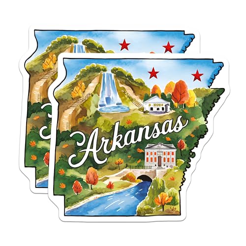 (2 Pack) Arkansas State Stickers - Illustrated Nature Scenery - Waterfall and Landscape Decals - 5" On Longest Side - Sticks to Smooth Flat Surfaces - Made in USA - BMCS6281