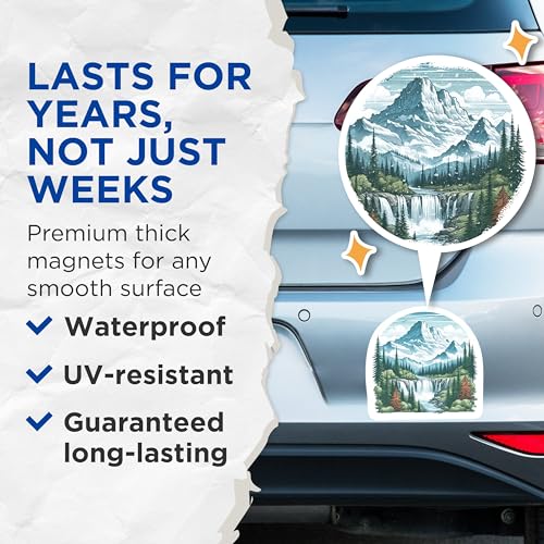 (2 Packs) Mountains Waterfall Forest Magnets - Nature Outdoorsman Hiking Magnets - 5 Inches On Longest Side - Premium Magnet - for Fridges, Toolboxes, Cars - Made in USA - MAG2289