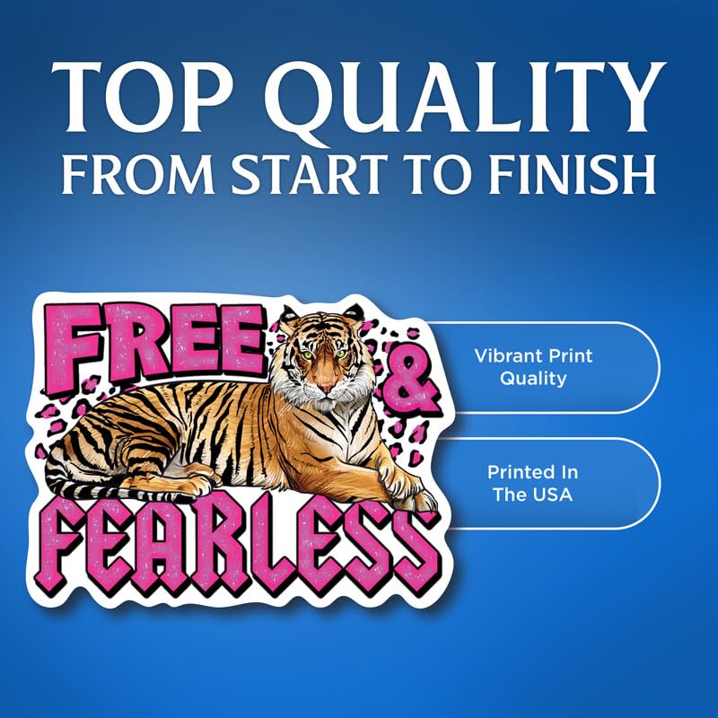 (2 Pack) Free & Fearless - Cool Retro Tiger Stickers - 5" On Longest Side - for Car, Truck, SUV - Easy Peel and Stick Vinyl Decals - Made in USA - BMCS0105