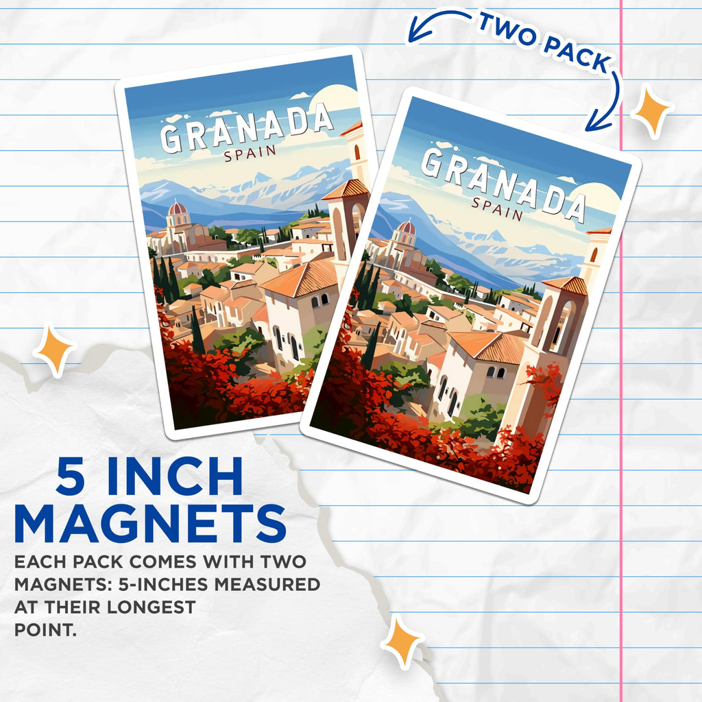 (2 Pack) Granada Spain Magnets - Historic Alhambra Cityscape View - Andalusia Travel Souvenir - Spanish Architecture Art - 5 Inches On Longest Side - Thick Durable Magnet - Made in USA - MAG19236