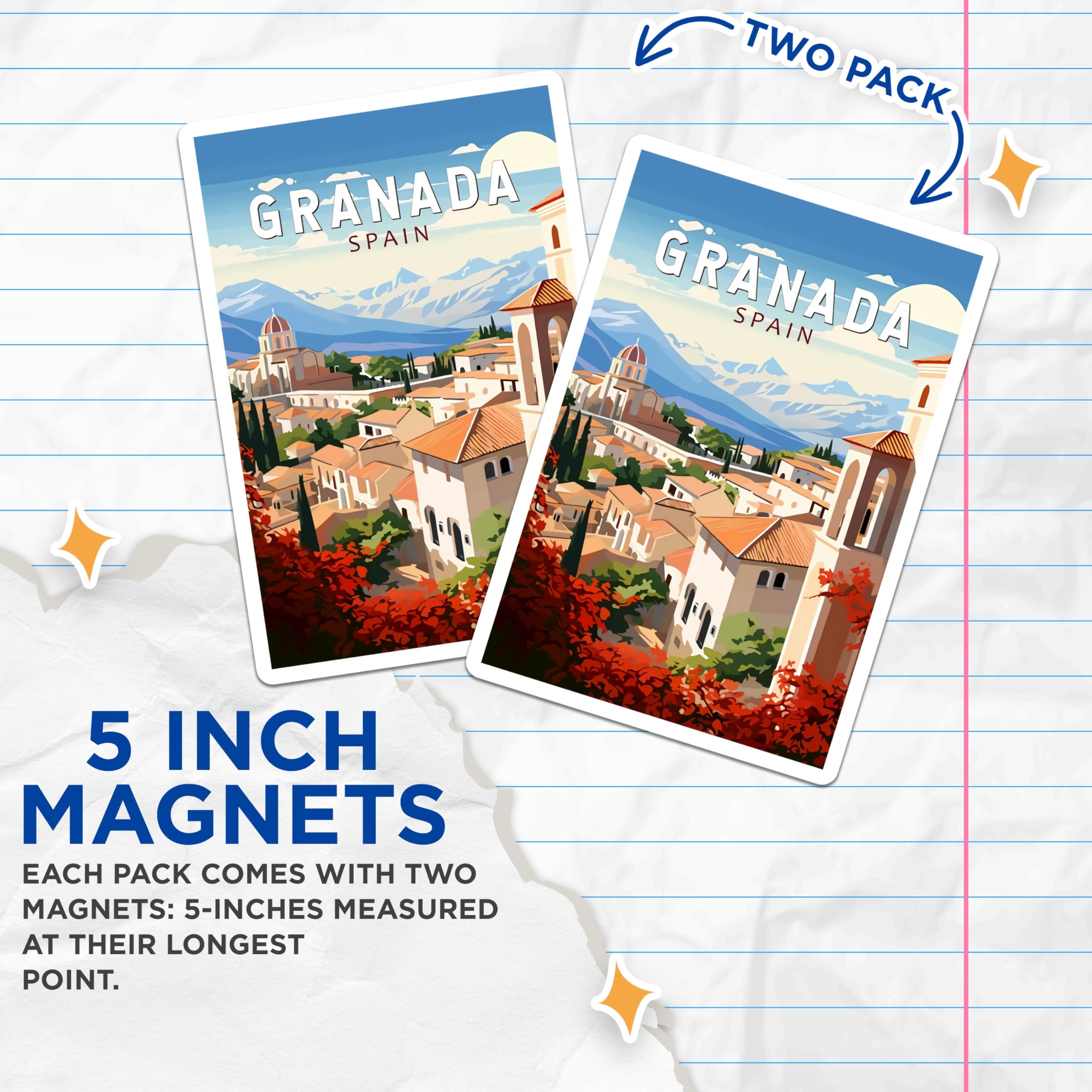 (2 Pack) Granada Spain Magnets - Historic Alhambra Cityscape View - Andalusia Travel Souvenir - Spanish Architecture Art - 5 Inches On Longest Side - Thick Durable Magnet - Made in USA - MAG19236