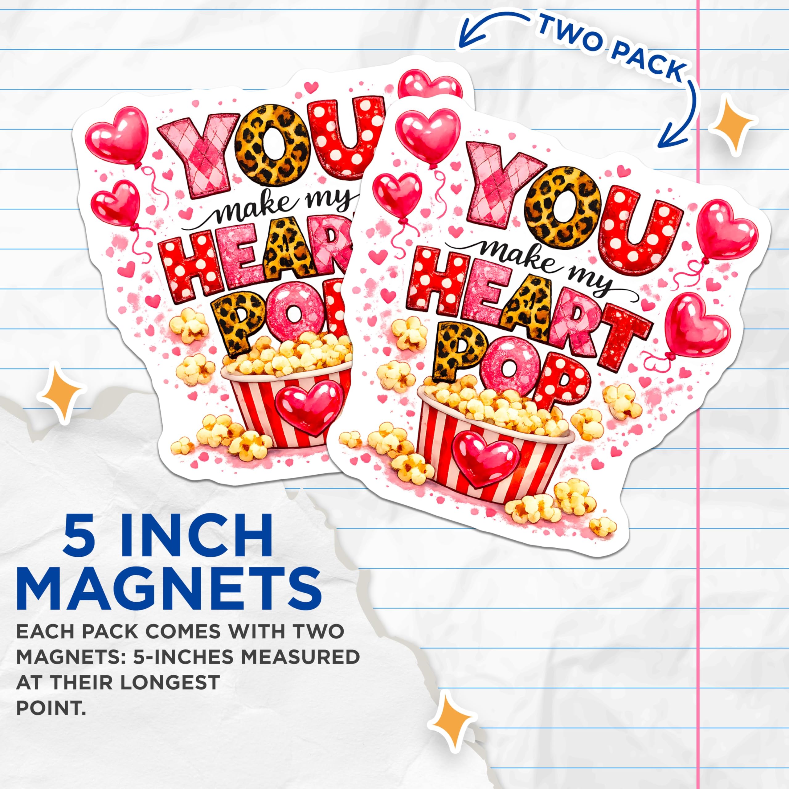 (2 Pack) You Make My Heart Pop Magnets - Valentine Popcorn Love Quote - Cute Couple Anniversary Refrigerator Decor - 5 Inches On Longest Side - Thick Durable Magnet - Made in USA - MAG30486