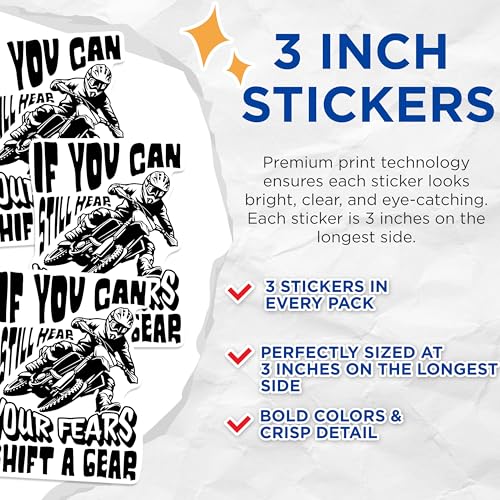 (3 Pack) Motocross Decals - Shift a Gear - Fearless Biker - 3 Inches On Longest Side - Easy Peel & Apply - Made in USA - 3MCS1092