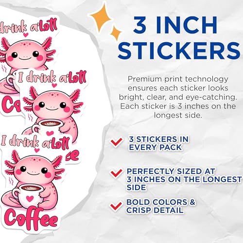 (3 Pack) Axolotl Coffee Decals - I Drink a Lott Coffee - Cute Laptop Stickers - 3 Inches On Longest Side - Easy Peel & Apply - Made in USA - 3MCS2062