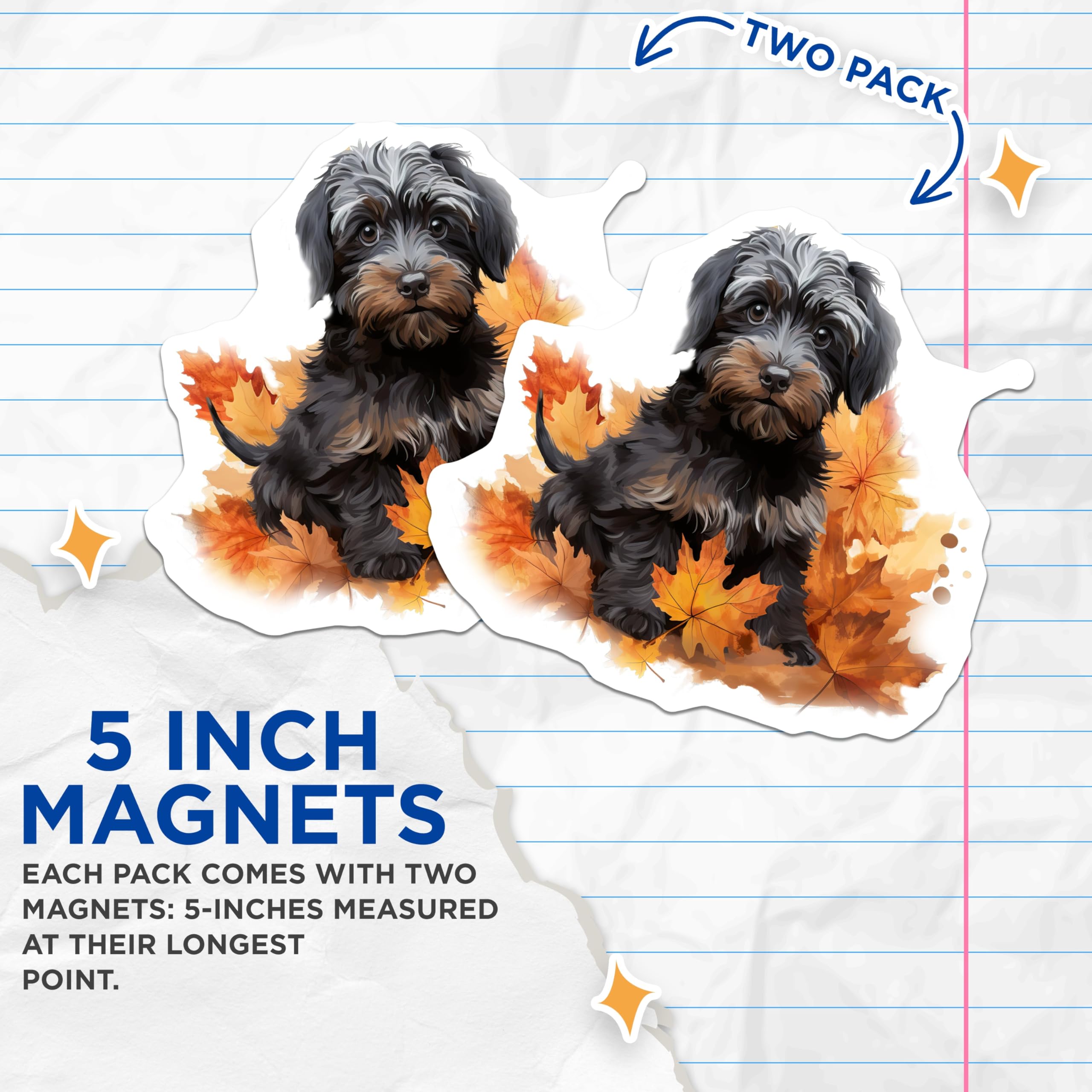 (2 Pack) Cute Puppy Dog Magnets - Autumn Fall Leaves Decor - Pet Lover Kitchen Refrigerator Art - 5 Inches On Longest Side - Thick Durable Magnet - Made in USA - MAG26875