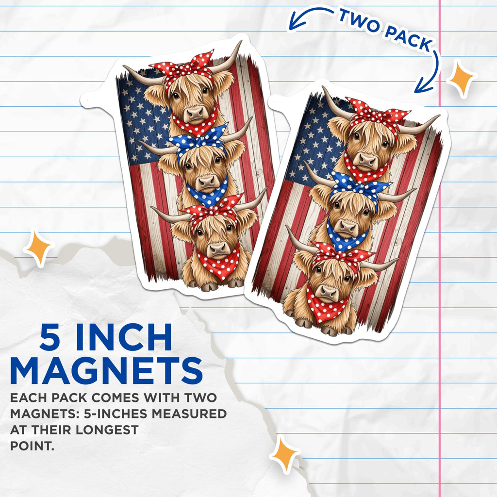 (2 Pack) Highland Cow Magnets - Patriotic Farmhouse American Flag Decor - Cute Rustic Animal Kitchen Magnets - 5 Inches On Longest Side - Thick Durable Magnet - Made in USA - MAG20508